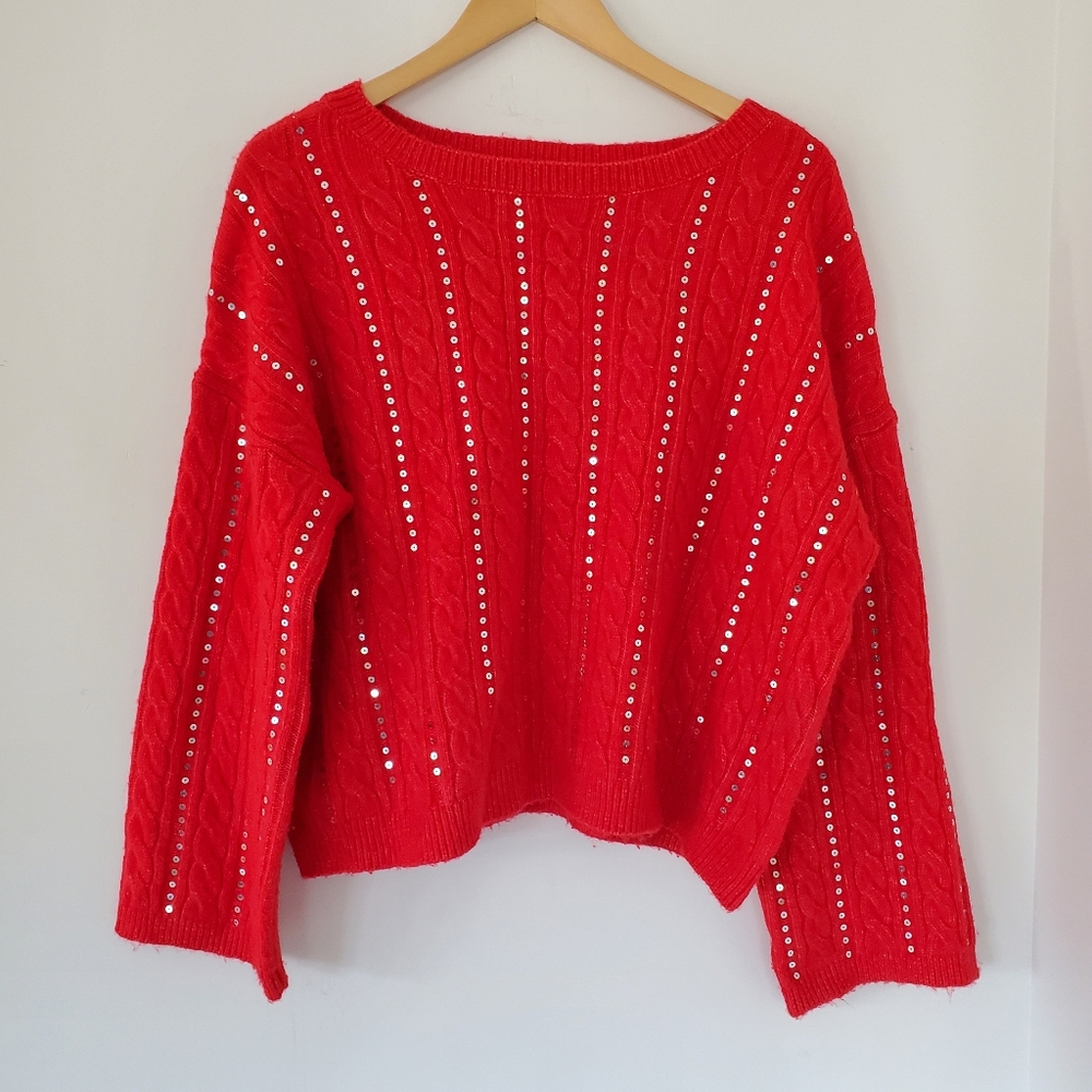 ADYSON PARKER Red Boxy Crop Sweater L Sequins Cable Knit LS Holiday Winter EUC